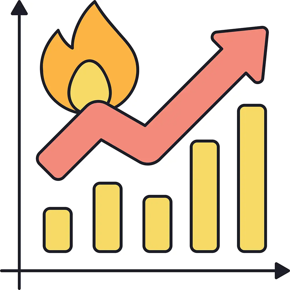 A flat vector illustration of a financial bar graph with a large pink arrow pointing sharply upward, indicating rising costs. An orange and yellow flame icon sits atop the initial peak of the arrow, symbolizing fire safety inflation or expenses.